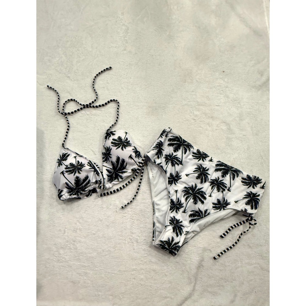 Oyoangle Womens Plus Size 1XL Tropical Palm‎ Tree Halter Bikini Set Black White